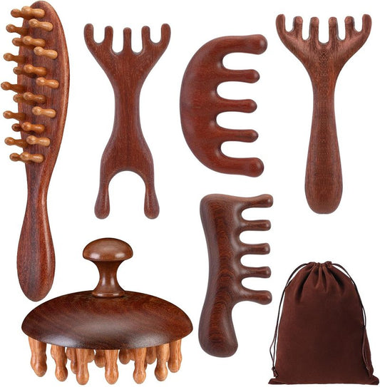 Natural Wooden Scalp Massager Comb Set - 6 Pcs with Flocked Storage Bag | Stress Relief & Hair Growth Tool