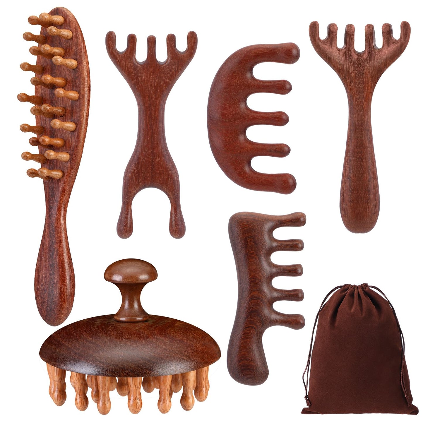 Yiyiring 6 Pcs Natural Wooden Scalp Massager Comb Tool Set with Flocked Storage Bag Scalp Massage Tool for Stress Relief, Gua Sha & Therapy for Women Men Hair Growth Body Therapy