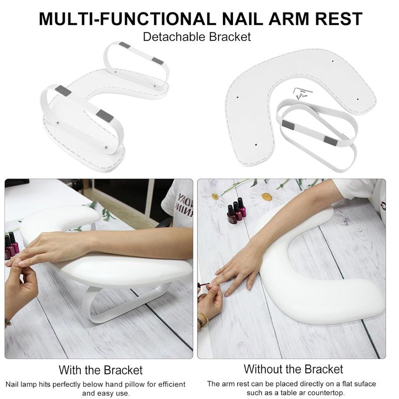 Nail Arm Rest - U-Shaped Cozy Leather Hand Rest for Nail Tech | Detachable Bracket (White)