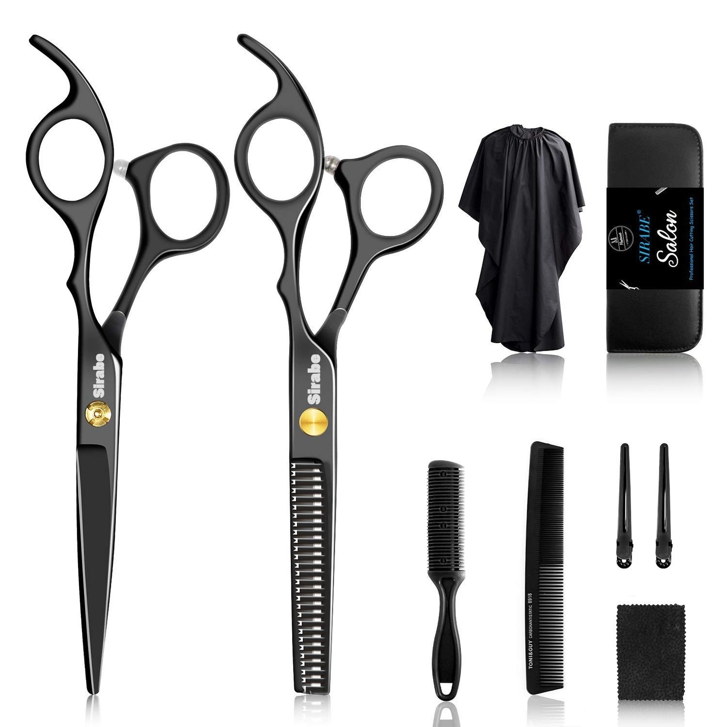Professional Hair Cutting Scissors Set - 10 PCS Kit with Thinning Shears, Comb & Cape | Black Barber Tools