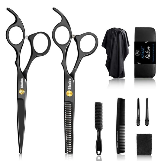Professional Hair Cutting Scissors Set - 10 PCS Hairdressing Kit with Thinning Shears, Comb & Cape | Black