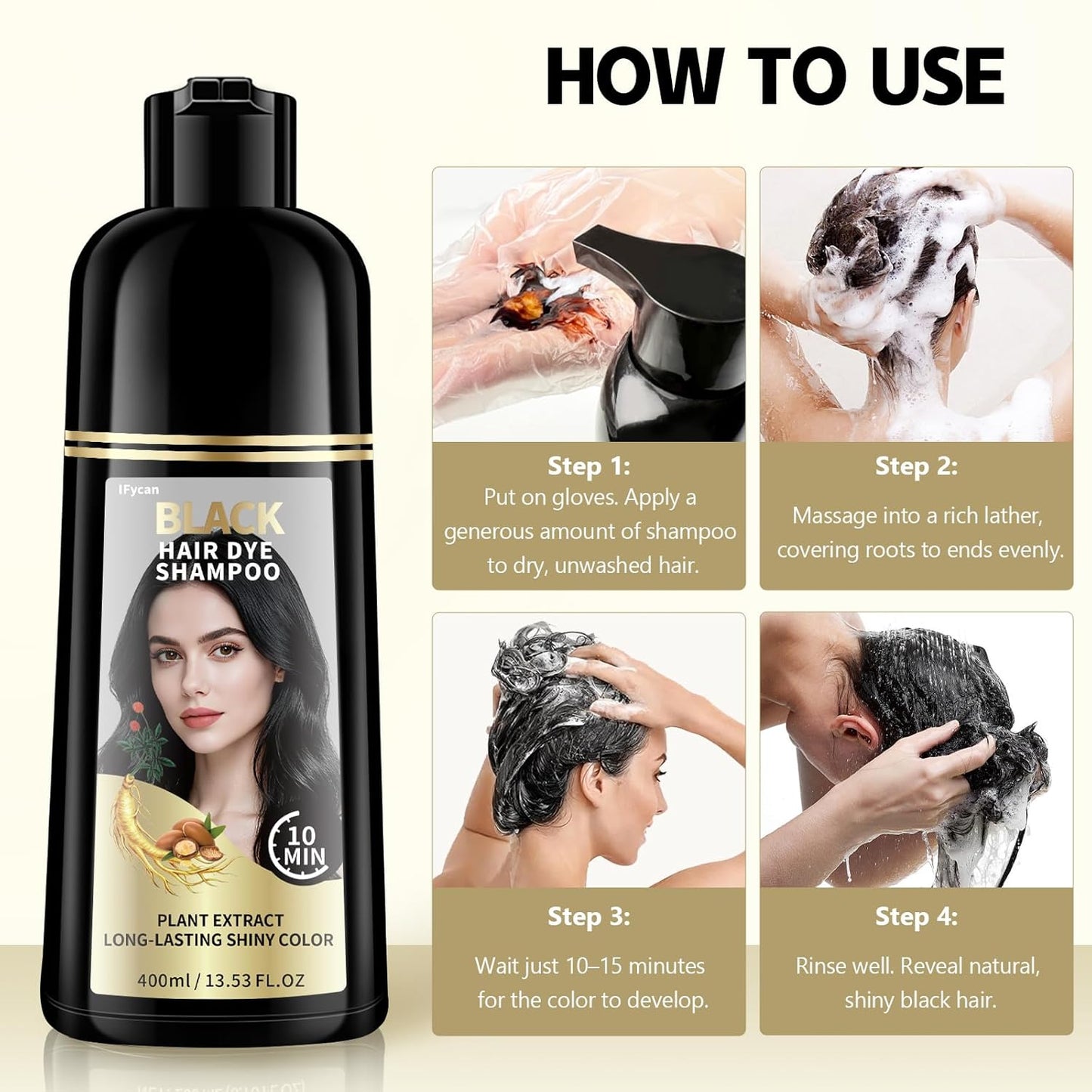 Black Hair Dye Shampoo - 100% Gray Coverage in 10-15 Mins | Herbal Extracts & Ammonia-Free Formula