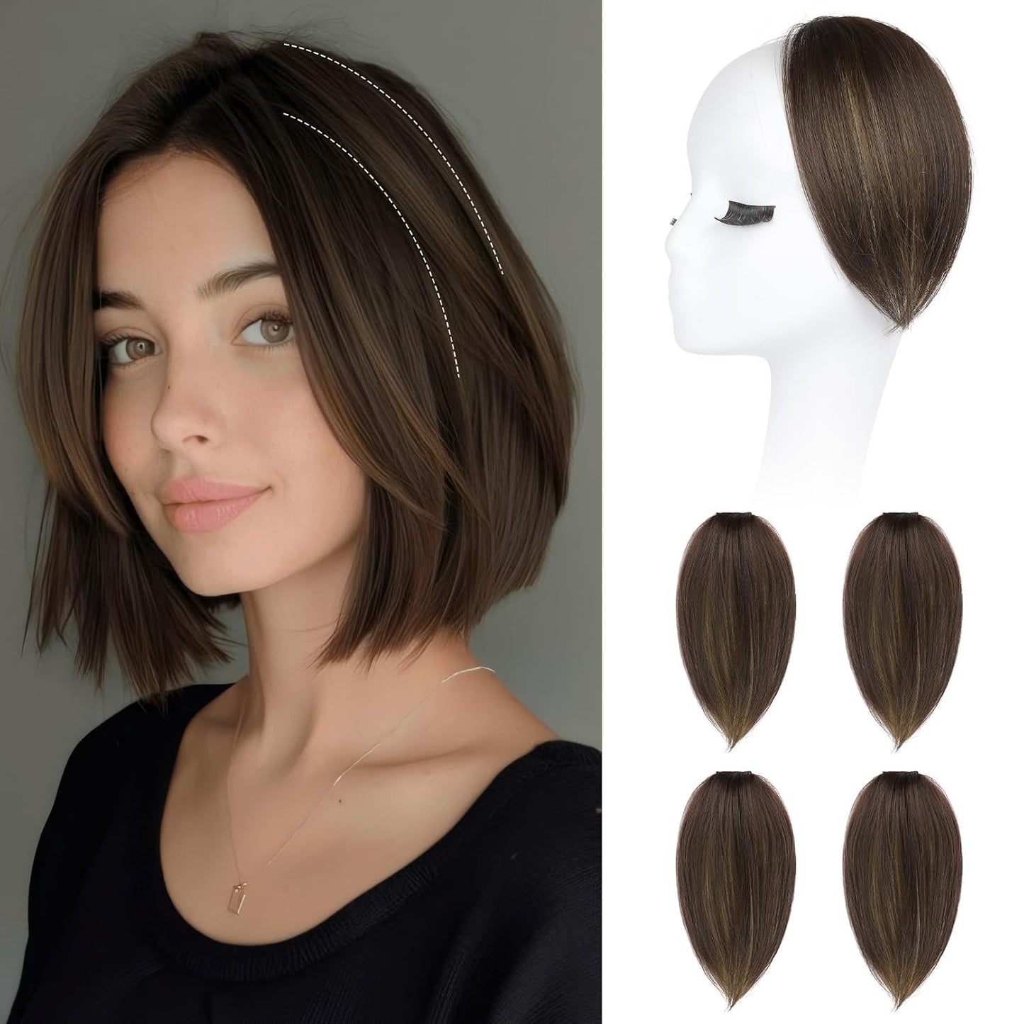 REECHO Clip In Hair Volumizer - Short Thick Hairpieces for Extra Volume | Light Brown with Blonde Highlights, 8 Inch (Pack of 2)