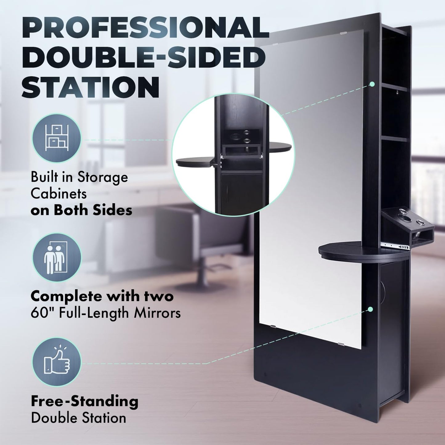 Buy-Rite Allegro Double-Sided Salon Styling Station Black Dual Mirrors