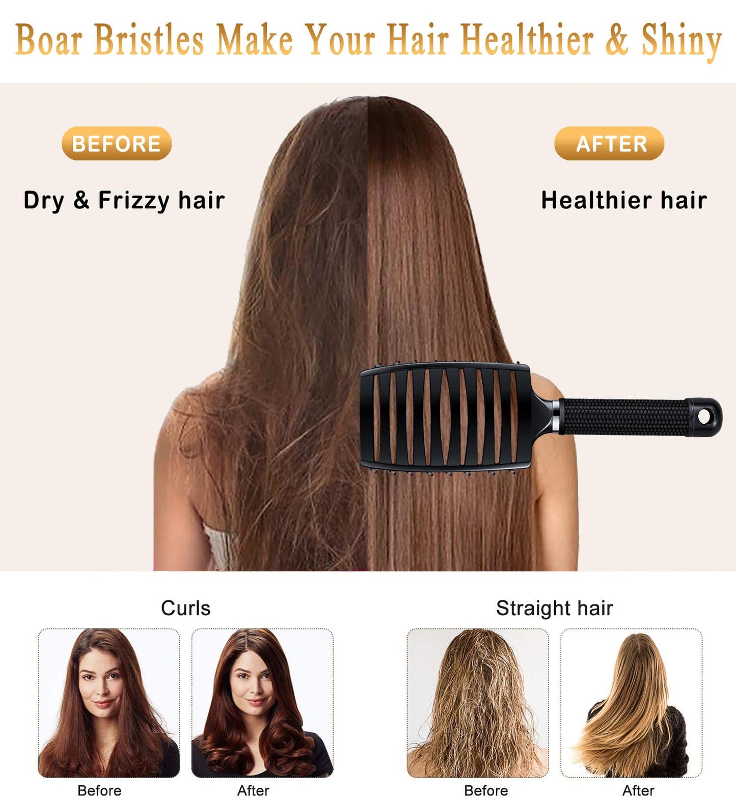 KTKUDY Detangling Brush Boar Bristles Hair Brush Make Hair Shiny & Healthier Curved and Vented Detangler Brush for Women Men Kids Wet and Dry Hair