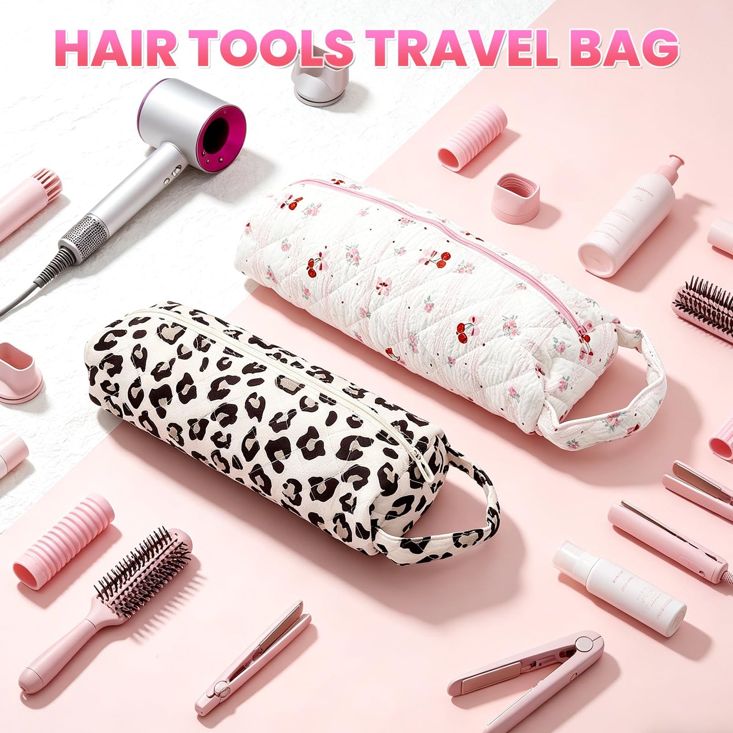 Hair Tools Travel Bag, 2Pcs Quilted Protable Hair Dryer Bag Hair Styling Accessories Organizer Bag for Curling Irons, Flat Irons and Styling Tools (Leopard Print+Cherry)