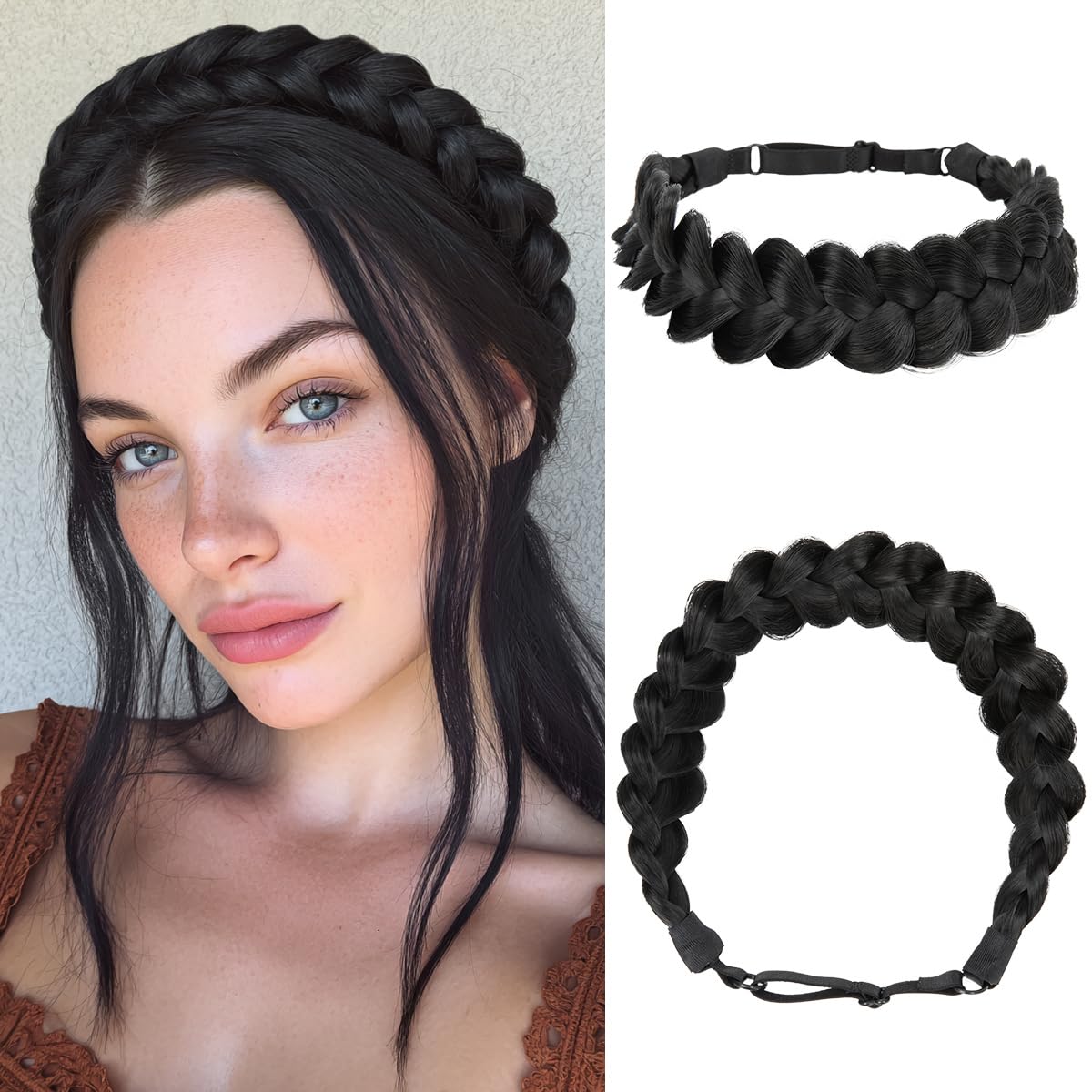 Wide Elastic Braided Headbands for Women - Adjustable Black Synthetic Hair Hairpiece | Handmade Braid Design