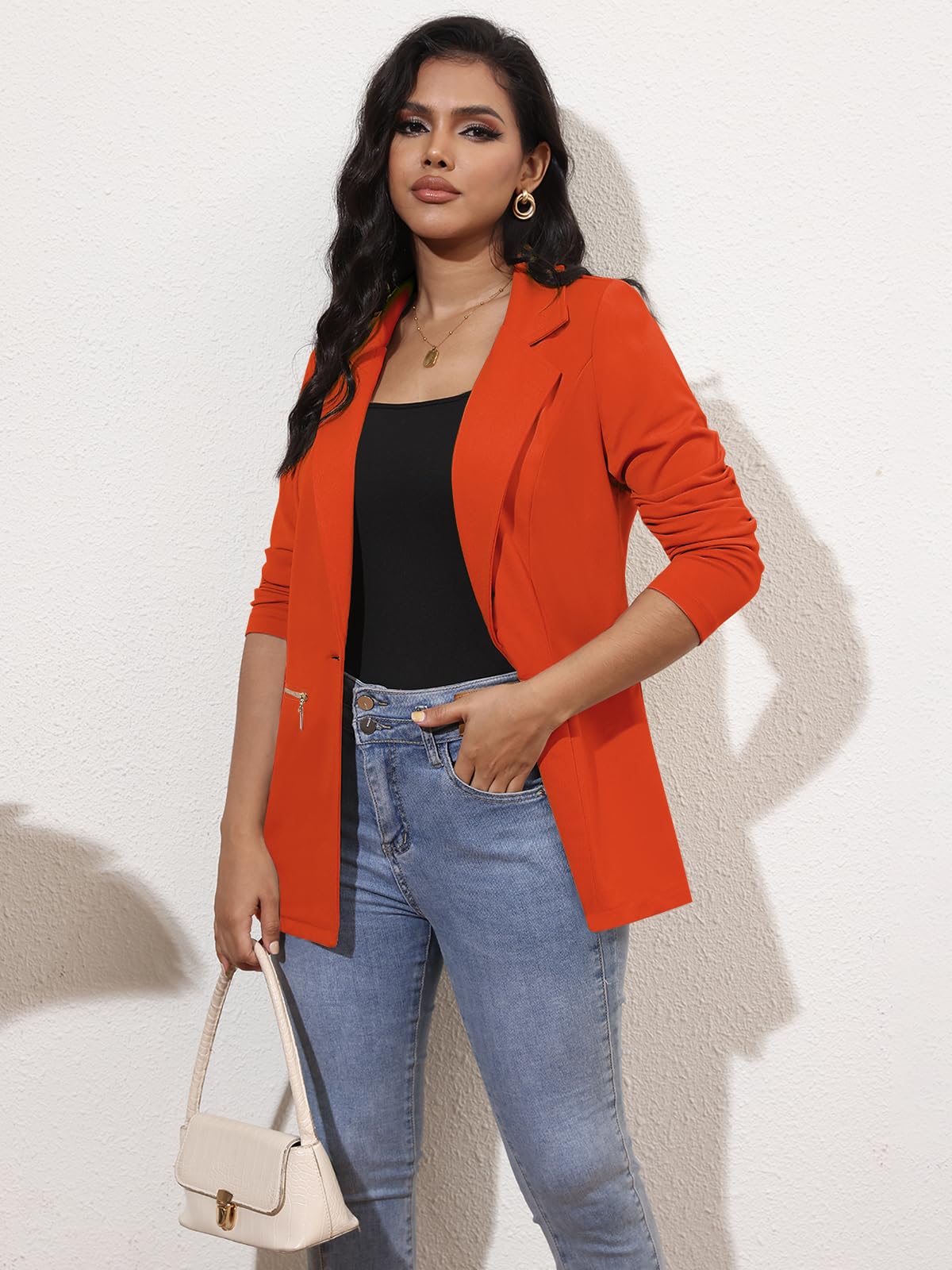 Genhoo Women's Jacket Blazer Solid Color Casual Knit Blazer with Pockets Orange X-Large