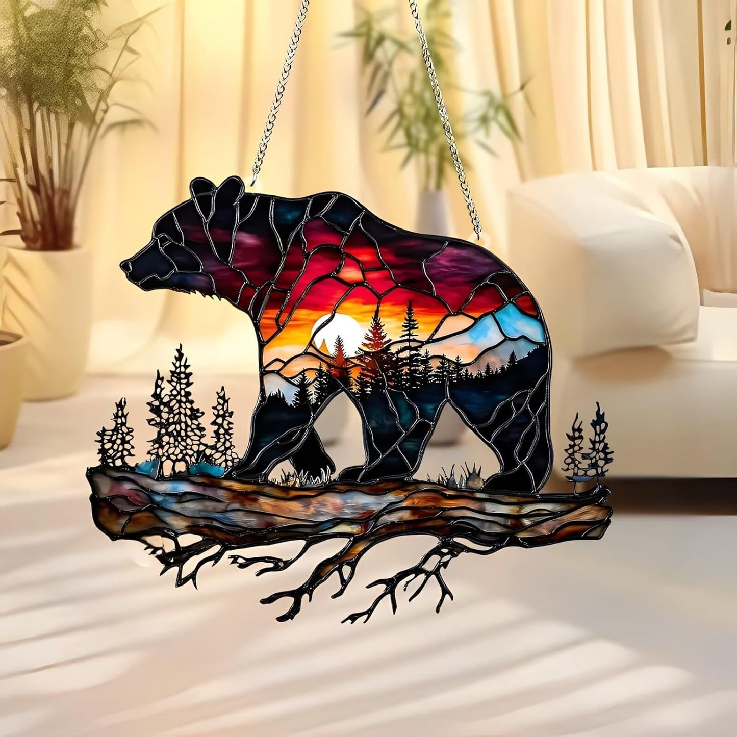 Bear on Branch Acrylic Suncatcher - 7.08 Inch Stained Glass Style Window Decor | Rainbow Maker Wall Art & Garden Ornament