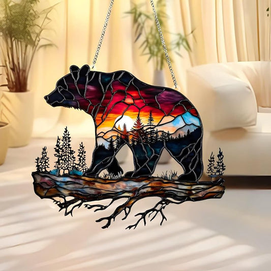 Bear on Branch Acrylic Suncatcher - 7.08 Inch Stained Glass Style Window Decor | Rainbow Maker Wall Art & Garden Ornament