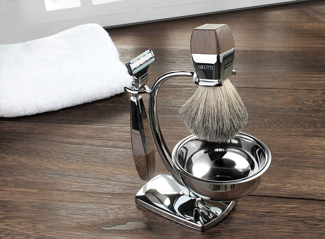 GRUTTI Shaving Kit for Gillette Fusion 5 - Magnetic Bowl, Stand & Synthetic Brush, compatible with Fusion5 Refill Blades with Space-Saving Organizer - Gift for Dad