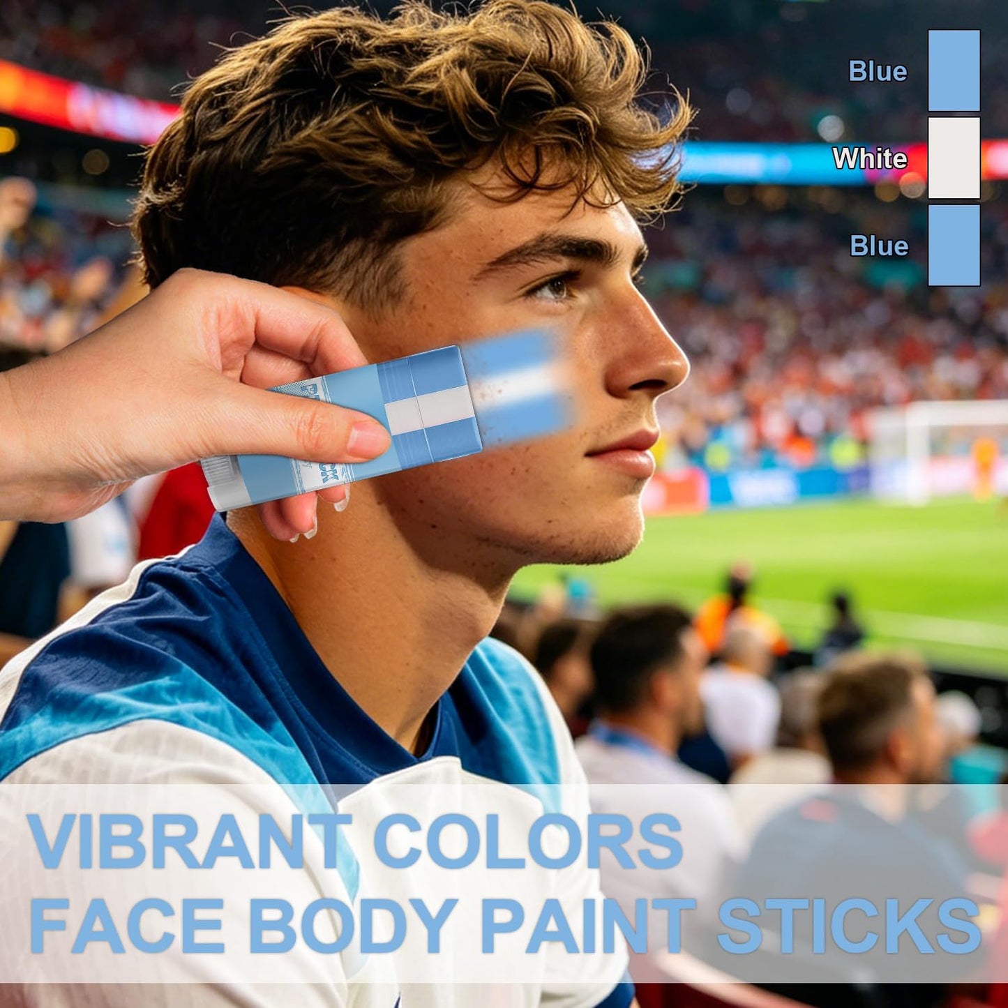 Blue White and Blue Argentina Face Paint Stick for World Cup Fans, Sweatproof & High Pigment Sports Face Body Paint Sticks for Football, Rugby, Softball, Baseball, Lacrosse, Party Accessories