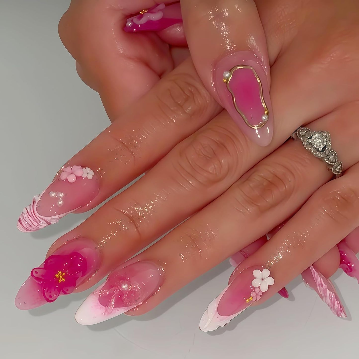 Almond Press-On Nails - Ombre French Tip with Butterfly Designs | 24 Pcs Set for Women