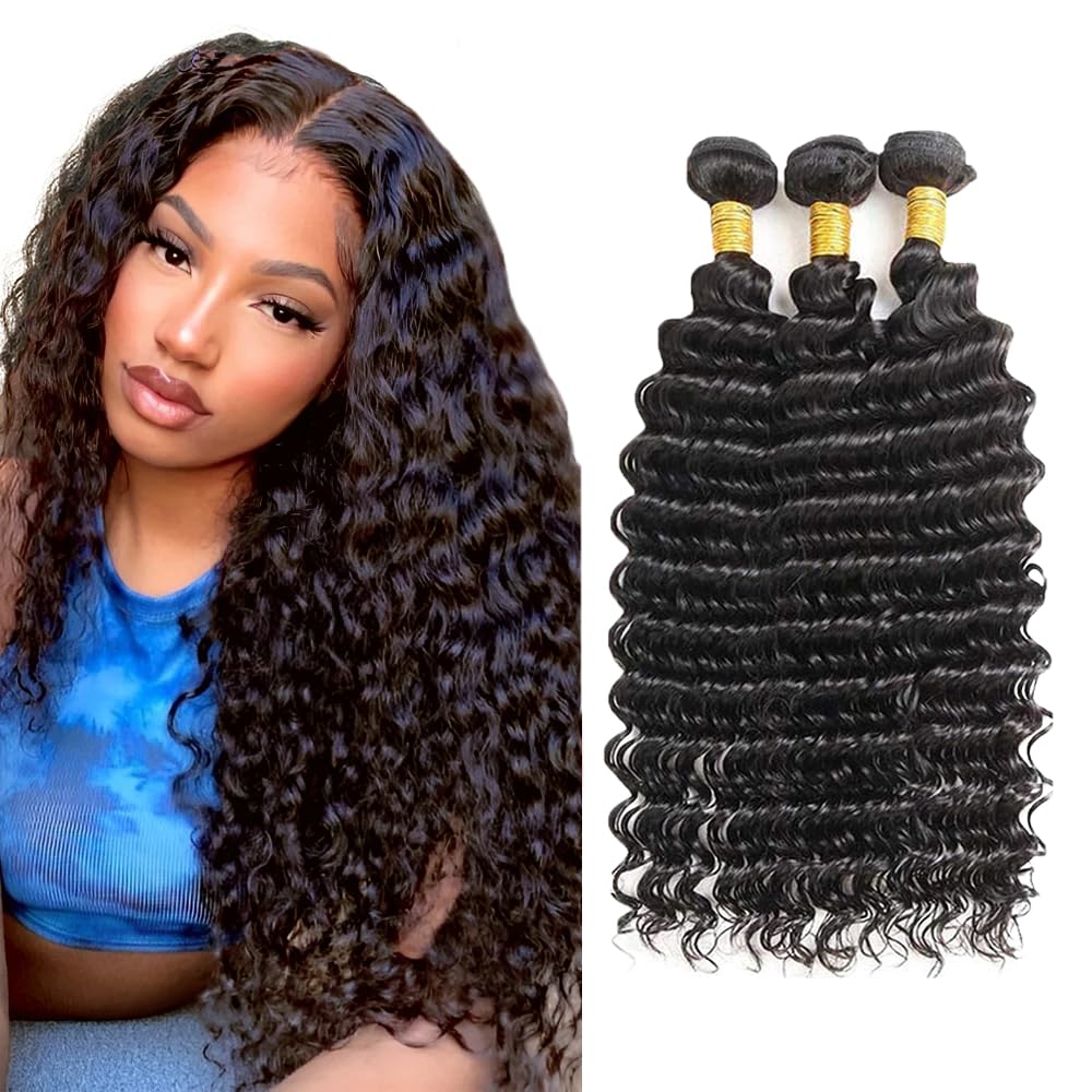Deep Wave Human Hair Bundle Natural Black Bundles 22 24 26 Inch Unprocessed Brazilian Virgin Human Hair 3 Bundles 150g #1b Color