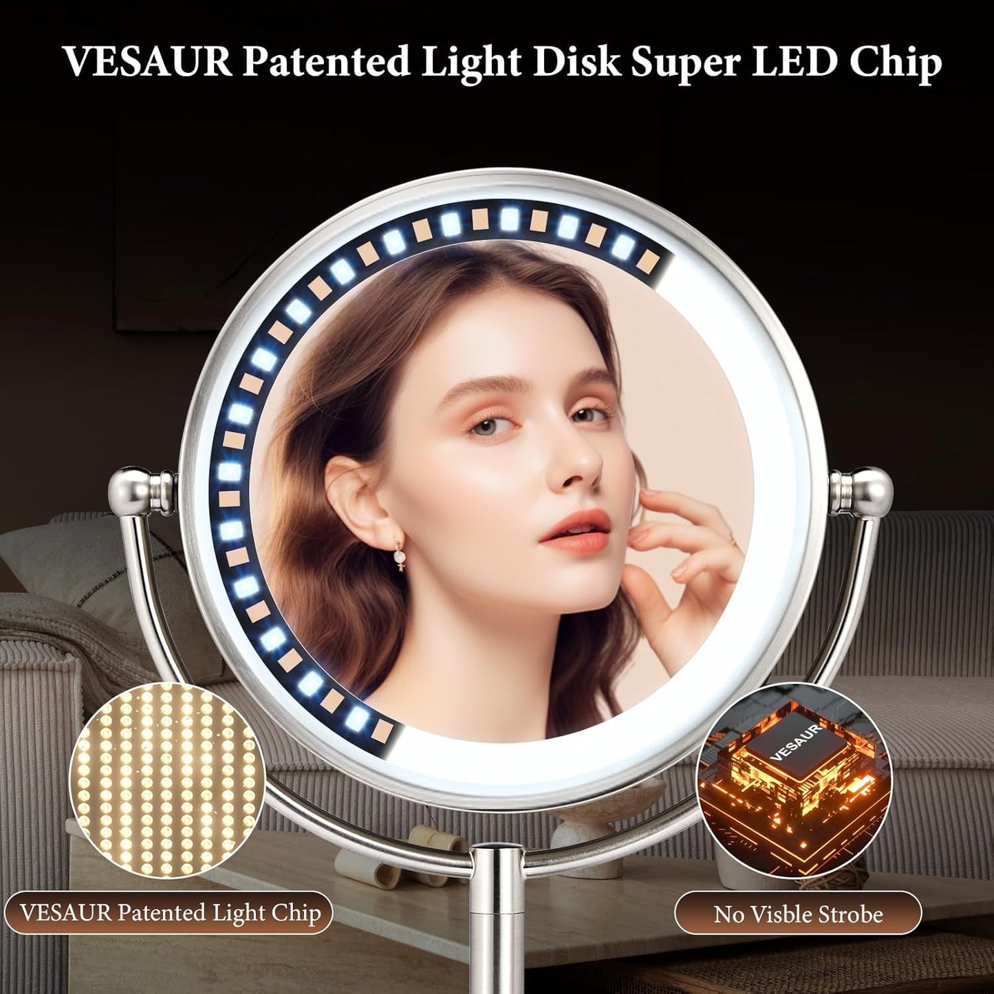 Lighted Makeup Mirror - 8.5" Large 1X/10X True HD Magnification | 3 Color Dimmable Lights, 360° Swivel