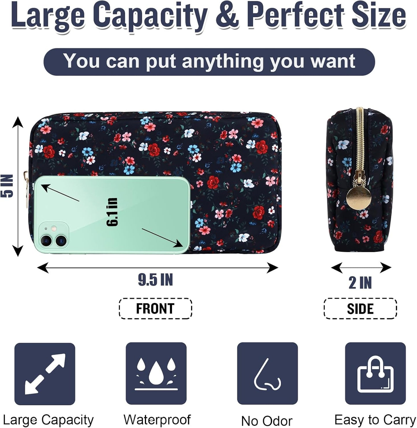 Floral Makeup Bag - Nylon Travel Cosmetic Organizer | Waterproof Zipper Pouch for Women (Green-Daisy)