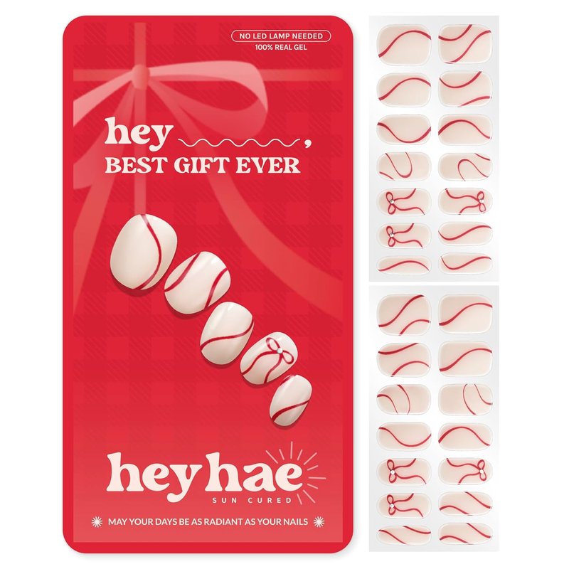 Semi Cured Gel Nail Strips - Easy Apply & Remove | Holiday Red & Neutral | 28 Strips, Prep Pad, Nail File & Wooden Stick