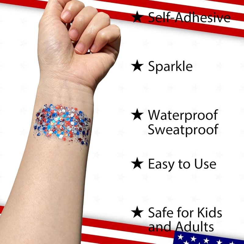 Patriotic Glitter Stick - 4th of July Hair & Face Makeup for Women & Kids | Red, White & Blue USA Flag Accessories