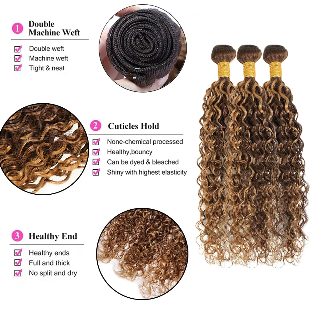 P427 Human Hair Bundles Highlight Water Wave Bundles 18 20 22 inch Dark Brown Human Hair Bundle Brown and Honey Blonde Color 150g