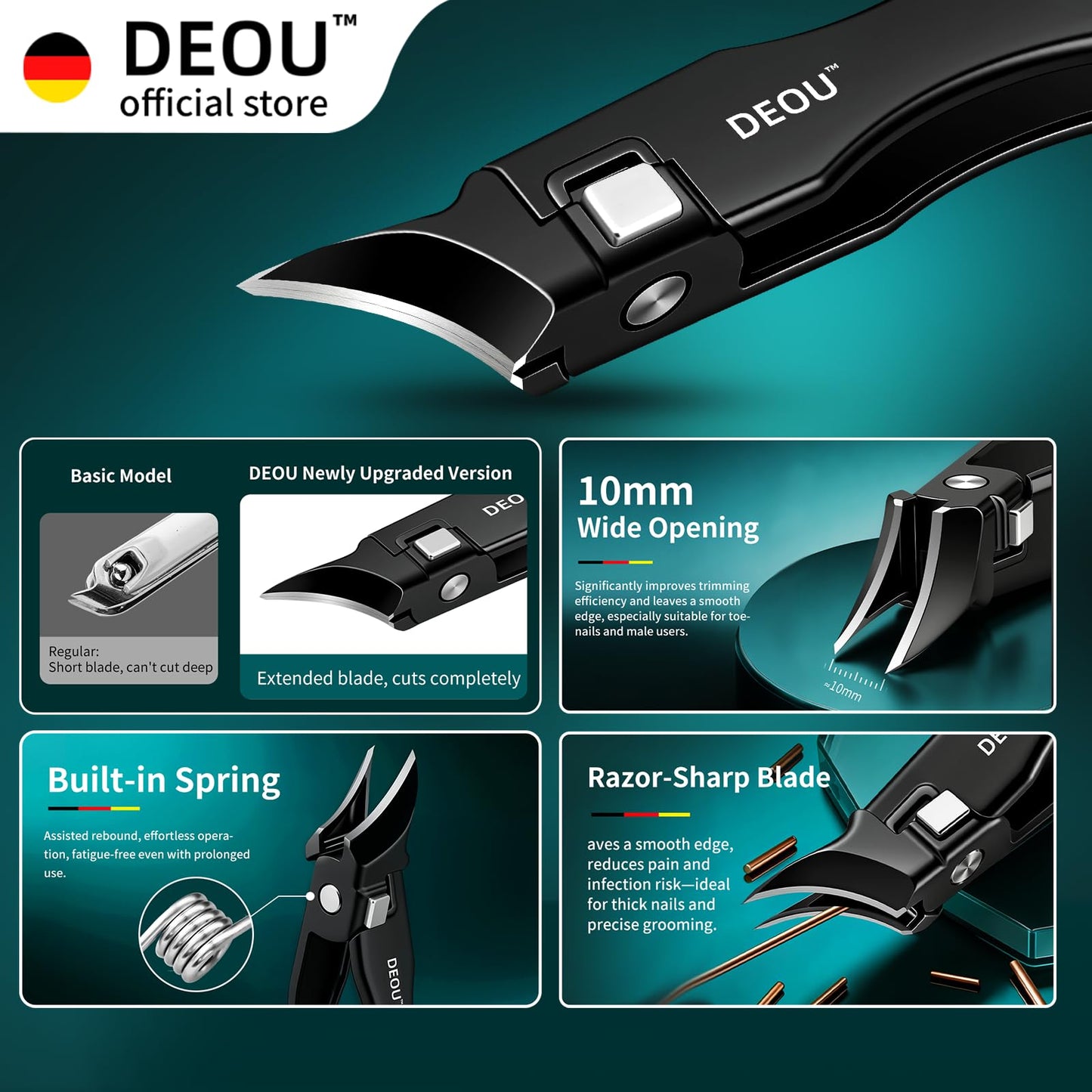 DEOU Nail Clippers Set, Stainless Steel Manicure Kit for Thick Hard Ingrown Nails, Anti-Splash with Nail File, Portable Keyhole Design, Gift Box for Home Travel (Black, Diagonal Cut + Straight Cut)