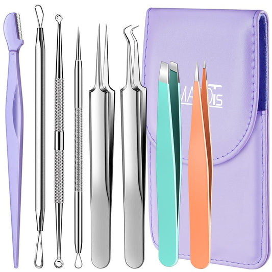 TsMADDTs Blackhead Remover Tools and Ingrown Hair Tweezers, 9 pcs Pimple Popper Tool Kit, Ingrown Hair Removal Kit with Pimple Extractor, Pore Extractor, Tweezers, Razor