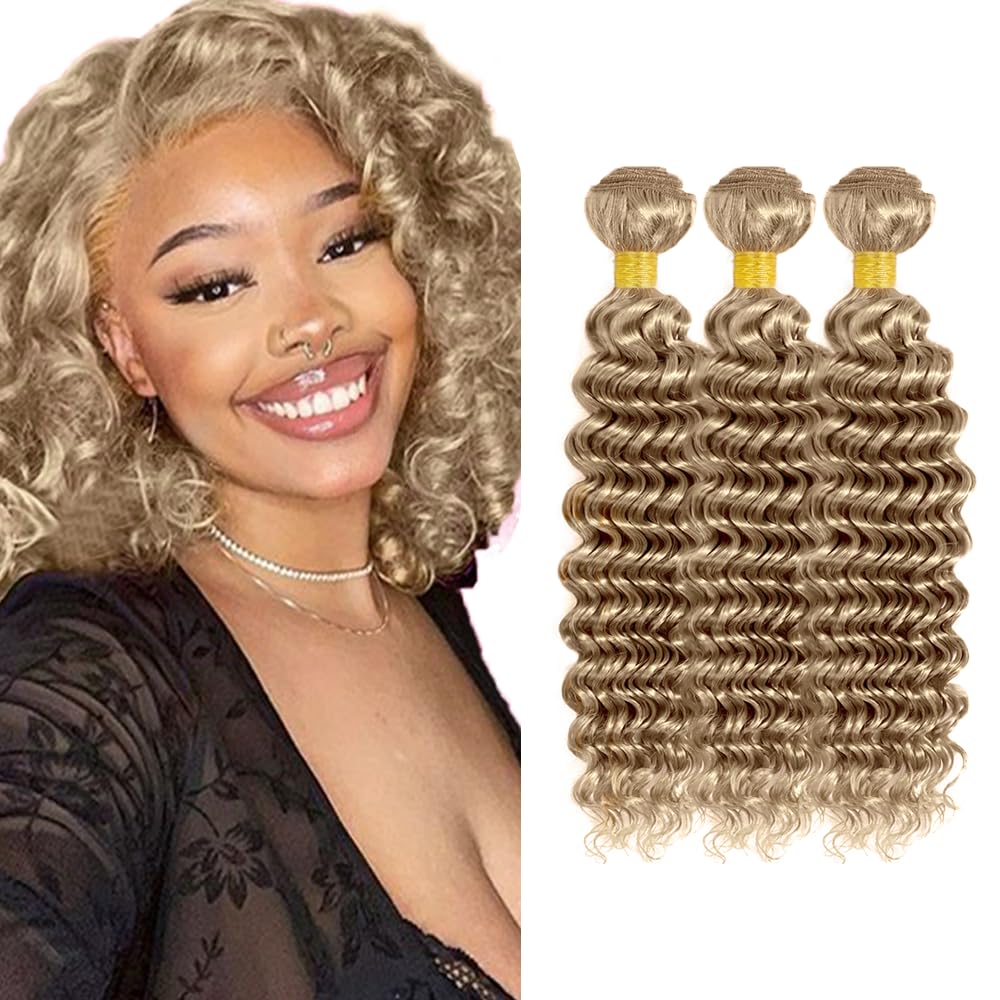 28 30 32 inch #22 Human Hair Bundles Blonde Deep Wave Bundle Ash Blonde Human Hair Bundles #22 Wet and Wavy Bundle