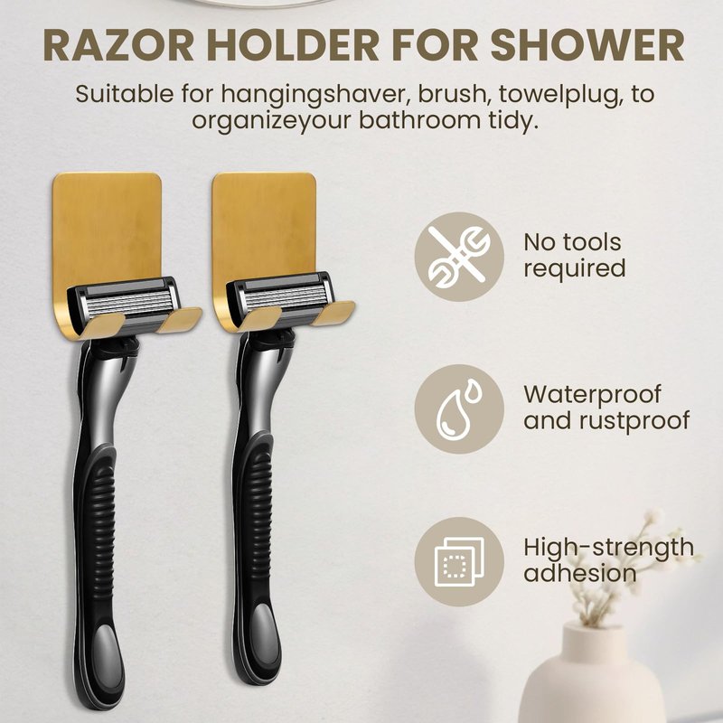 Glirops 4-Pack Gold Self-Adhesive Bathroom Hooks - 4lb Heavy Duty Waterproof Stainless Steel Wall Hooks for Shower Razor Towel Hanger Kitchen Organization