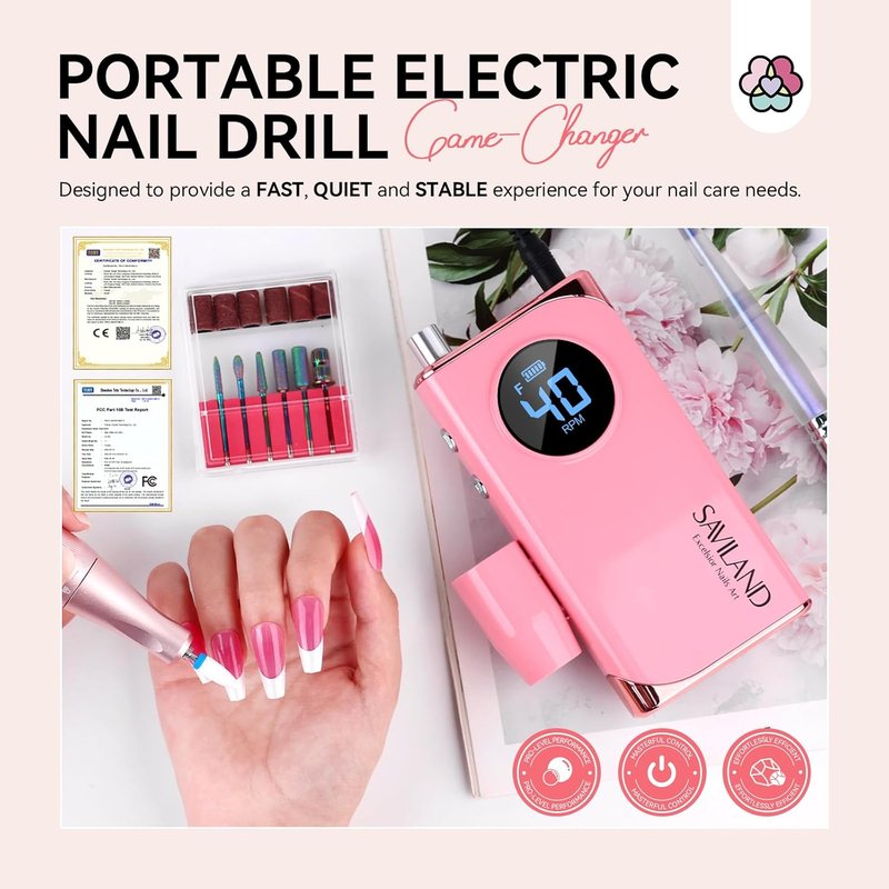 SAVILAND Professional Nail Drill - 40000RPM Rechargeable Electric Filer Kit with 6000mAh Battery for Acrylic Nails | Pink