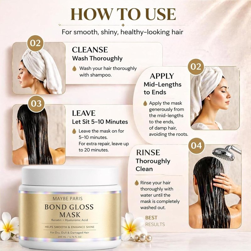 Tasunte Maybe Paris Bond Gloss Mask, with Hydrolyzed Keratin & Hyaluronic Acid, Deep Repair Hair Mask, Smoother & Shinier Looking Hair for Dry, Dull, Damaged, Brittle Hair