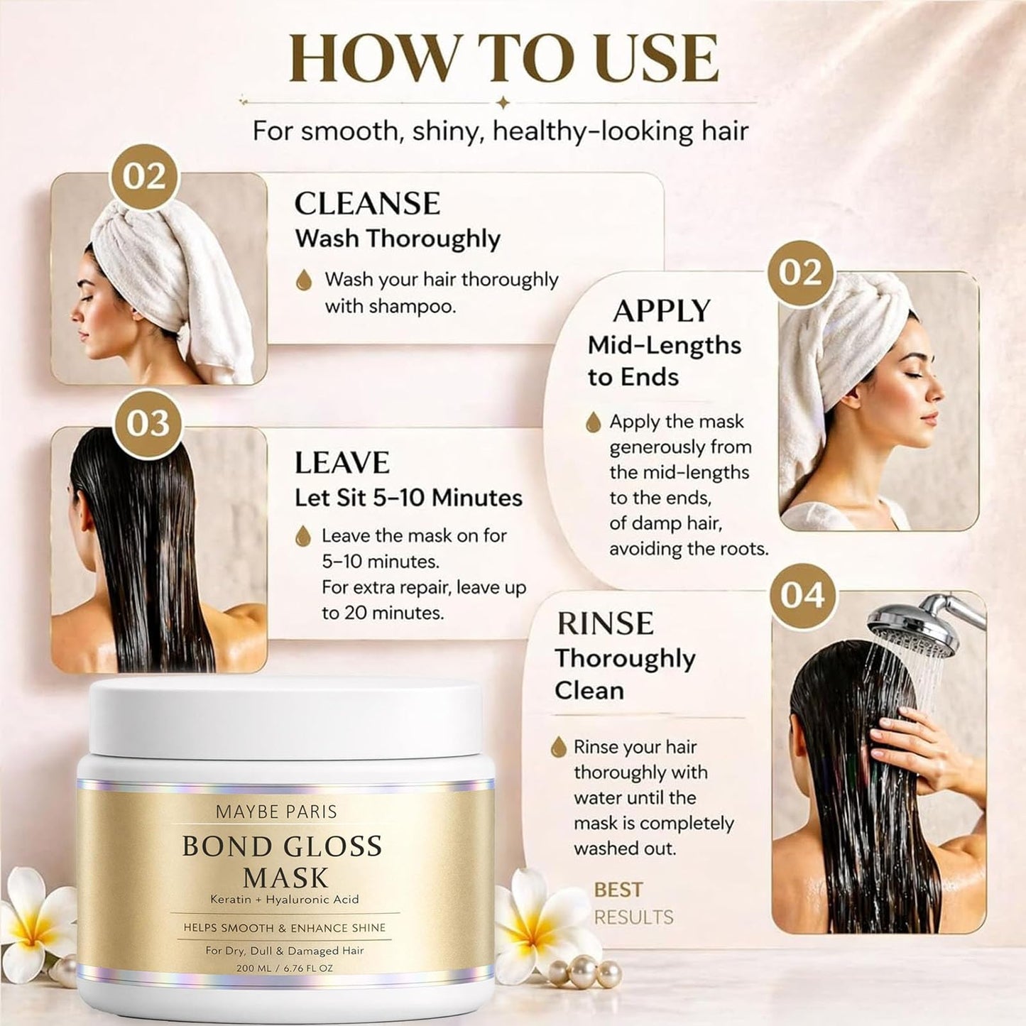 Tasunte Maybe Paris Bond Gloss Mask, with Hydrolyzed Keratin & Hyaluronic Acid, Deep Repair Hair Mask, Smoother & Shinier Looking Hair for Dry, Dull, Damaged, Brittle Hair
