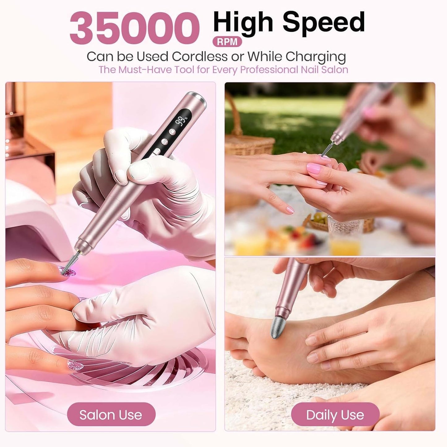 Cordless Nail Drill - 35000RPM Electric Nail File for Acrylic Gel Nails | Portable Professional Manicure & Pedicure Kit with LCD Display