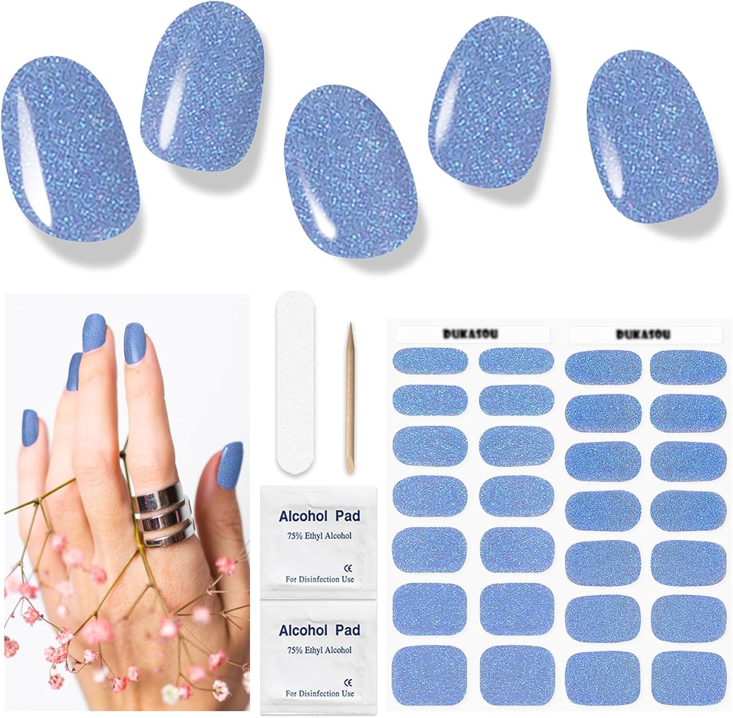 Gel Nail Strips - Semi-Cured UV Nail Stickers for Long-Lasting Manicure | 28 Pcs Light Blue