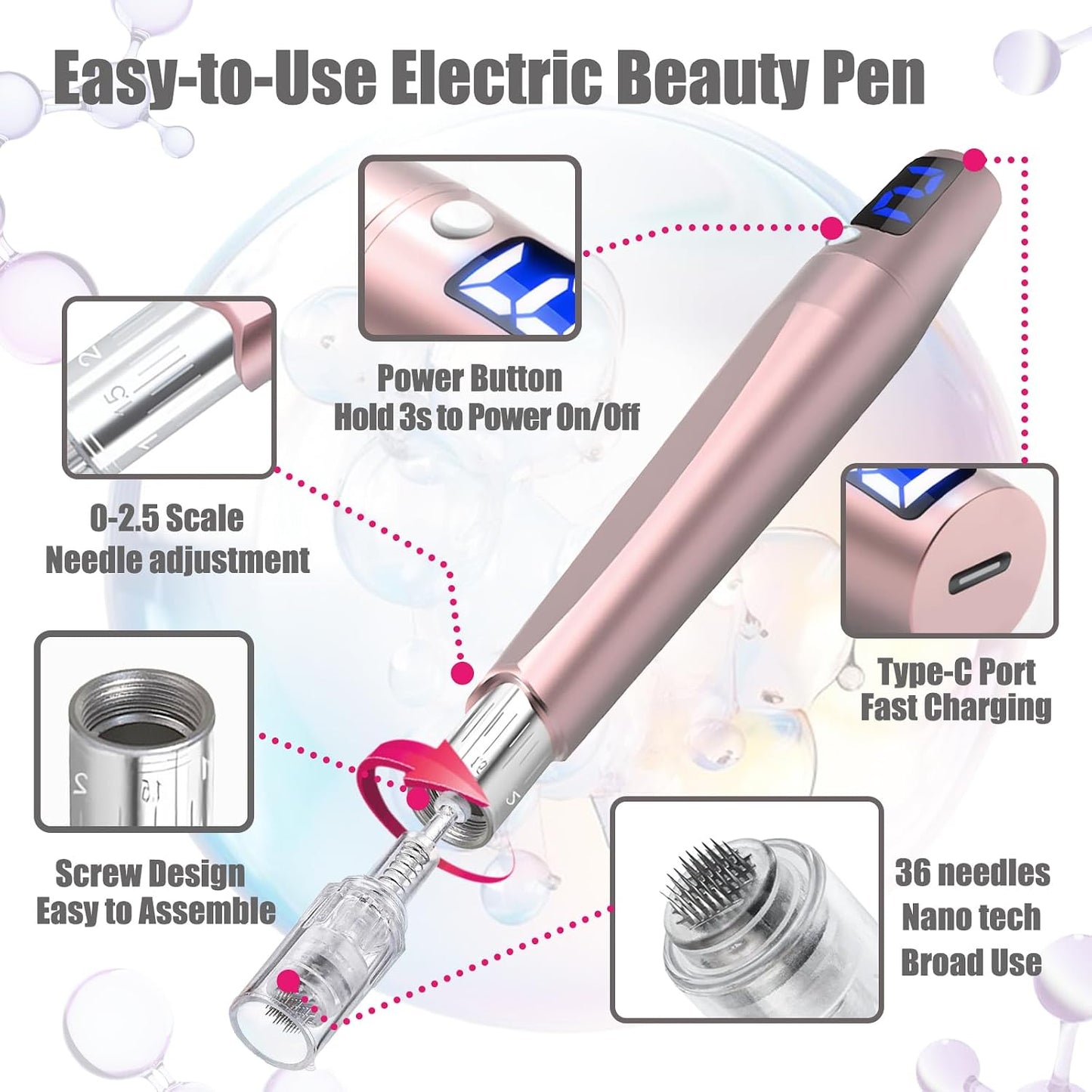 Microneedling Pen - 0.25mm Derma Roller for Face & Scalp | 12 Cartridges Included, Home Use Skin Care Kit