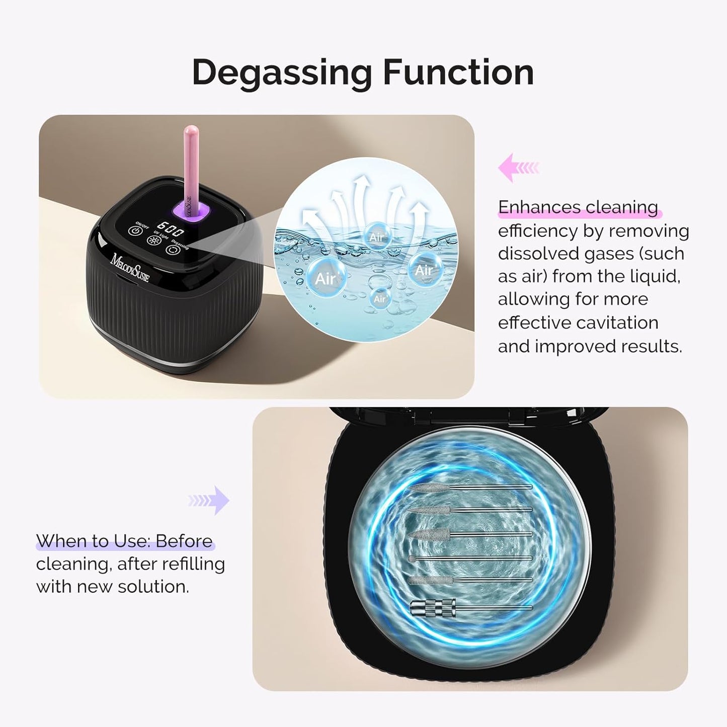 MelodySusie 2 in 1 Nail Tool Cleaning Machine - 3 Timer Modes for Nail Drill Bits & Jewelry Cleaning | Black, DL-160