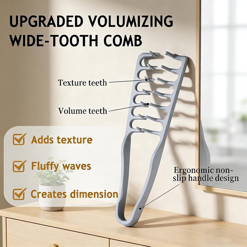 Voluminous Wide-Toothed Hair Comb Set - 2 Pcs for Men | Textured Grip for Maximum Lift & Fluffy Style (Black & Grey)