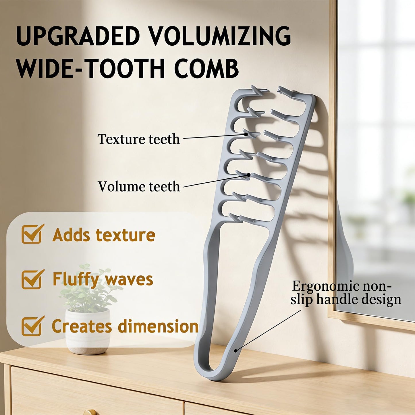2 Pcs Texture Comb men, Upgrade Voluminous wide-toothed hair comb Men's fluffy texture, Apparatus Maximum Lift Roots Volume Tool, ABS Plastic with Textured Grip Tool for Men (Black+Grey)