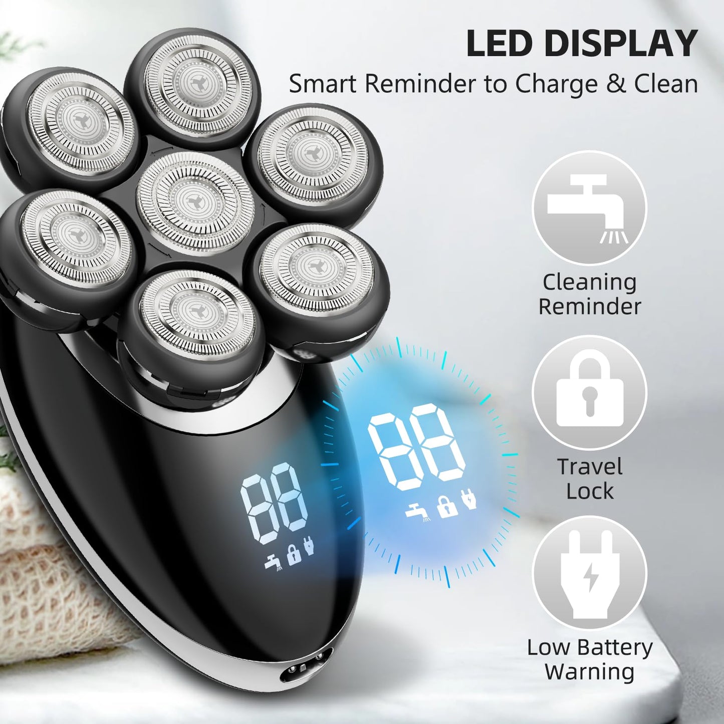 Head Shaver for Bald Men, 7D Electric Rechargeable Wet/Dry Shaving Razor with LED Display, 5-in-1 Grooming Kit Waterproof Bald Head Trimmer, Ideal Gift for Men (Black)