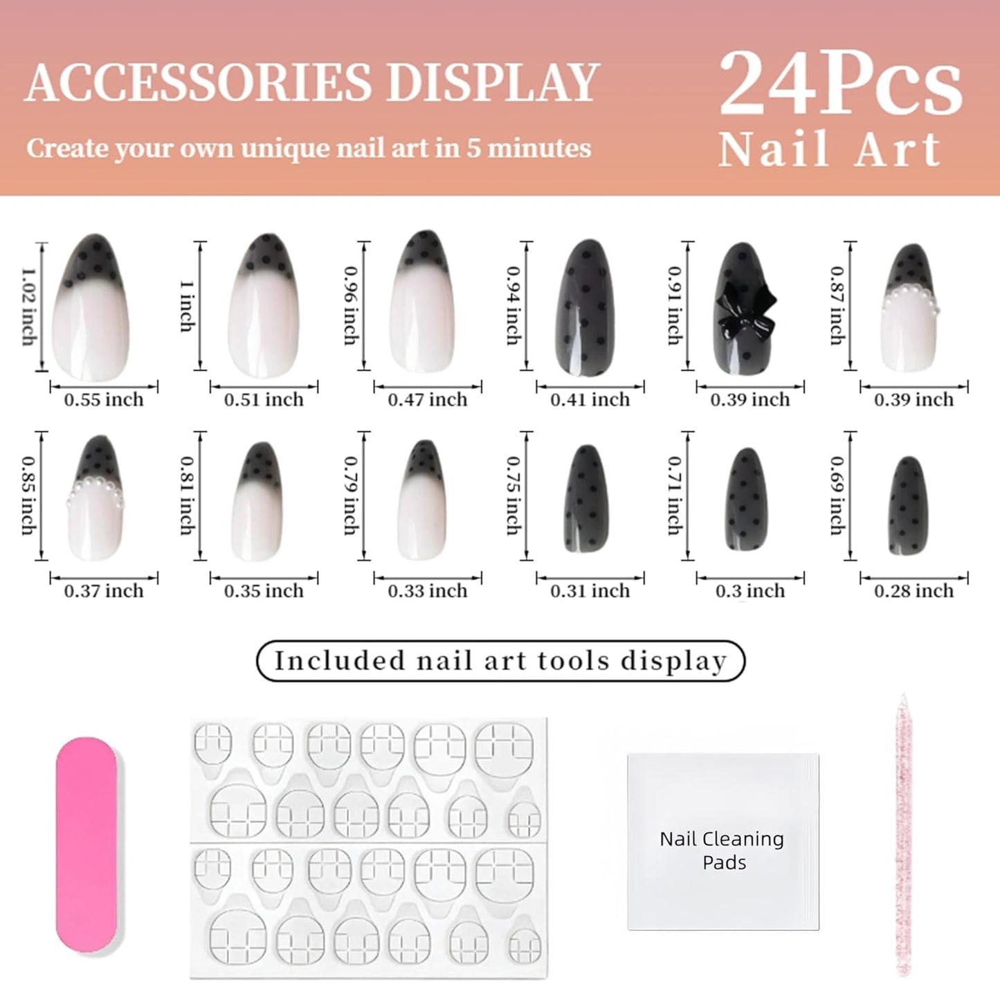 Black Polka Dot Press-On Nails - Medium Almond Shape with Bow Charms | Reusable Acrylic Full Cover Design