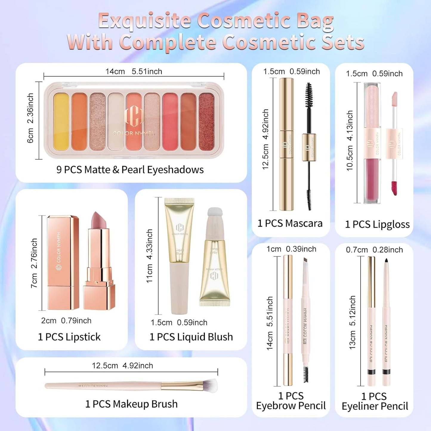 Color Nymph Makeup Kit - All-in-One Makeup Set for Beginners | 9 Colors Eyeshadow Palette, Lip Gloss, Eyeliner, Mascara - Orange Pink