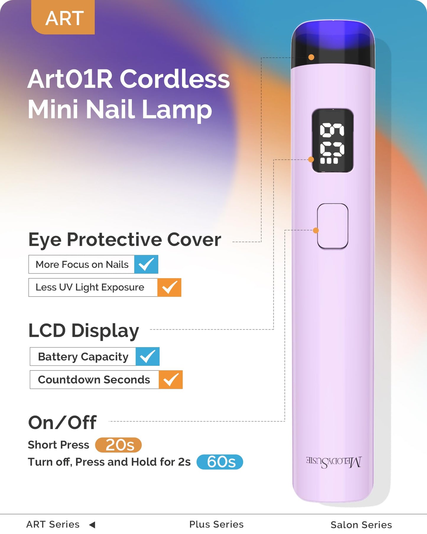 MelodySusie Handheld Cordless UV Nail Lamp with LCD Display & Eye-Protection Cover, P-Art01R Rechargeable Mini UV LED Light Flash Cures All Soft Gels, Especially Rhinestone Glue & Liner Gel Purple