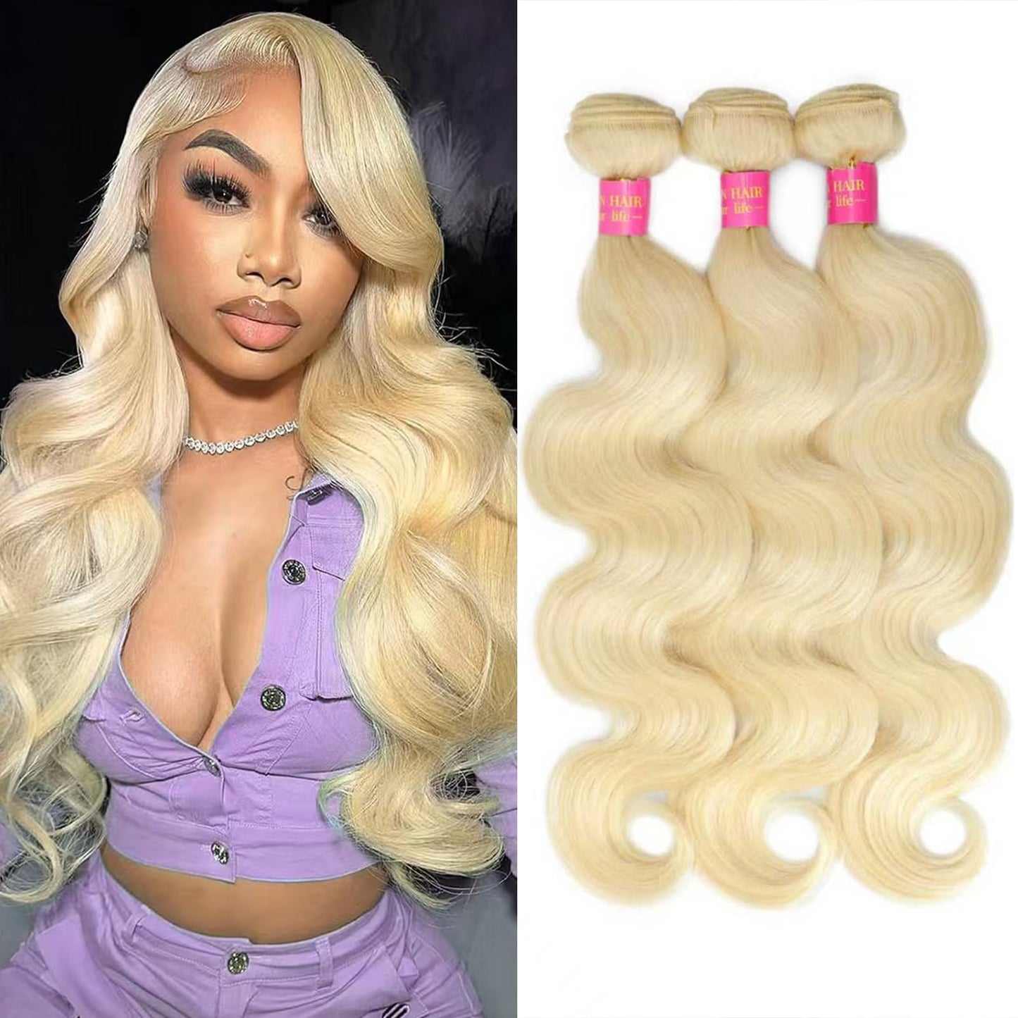 613 Body Wave Blonde Bundles Human Hair 12 14 16Inch 3 Bundles Human Blonde Hair Extensions，100% Real 14A Brazilian Virgin Raw Easy to Dye No Synthetic Blend No Tangle No Shedding 3X-Lifespan