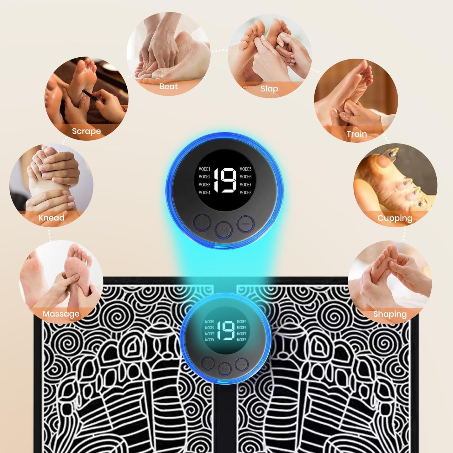 EMS Foot Massager Mat, Portable Foot Massager with Remote Control, Suitable for Both Men and Women, with 8 Modes and 19 Intensity Levels