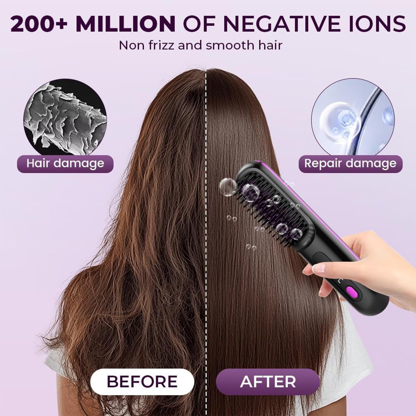 Cordless Hair Straightener Brush, Go Brush Pro, Portable Mini Straightening Brush for Women with 3 Temperature Settings LED Display, Fast Heating Hair Straightener Comb for Travel Smooth Frizz Hair