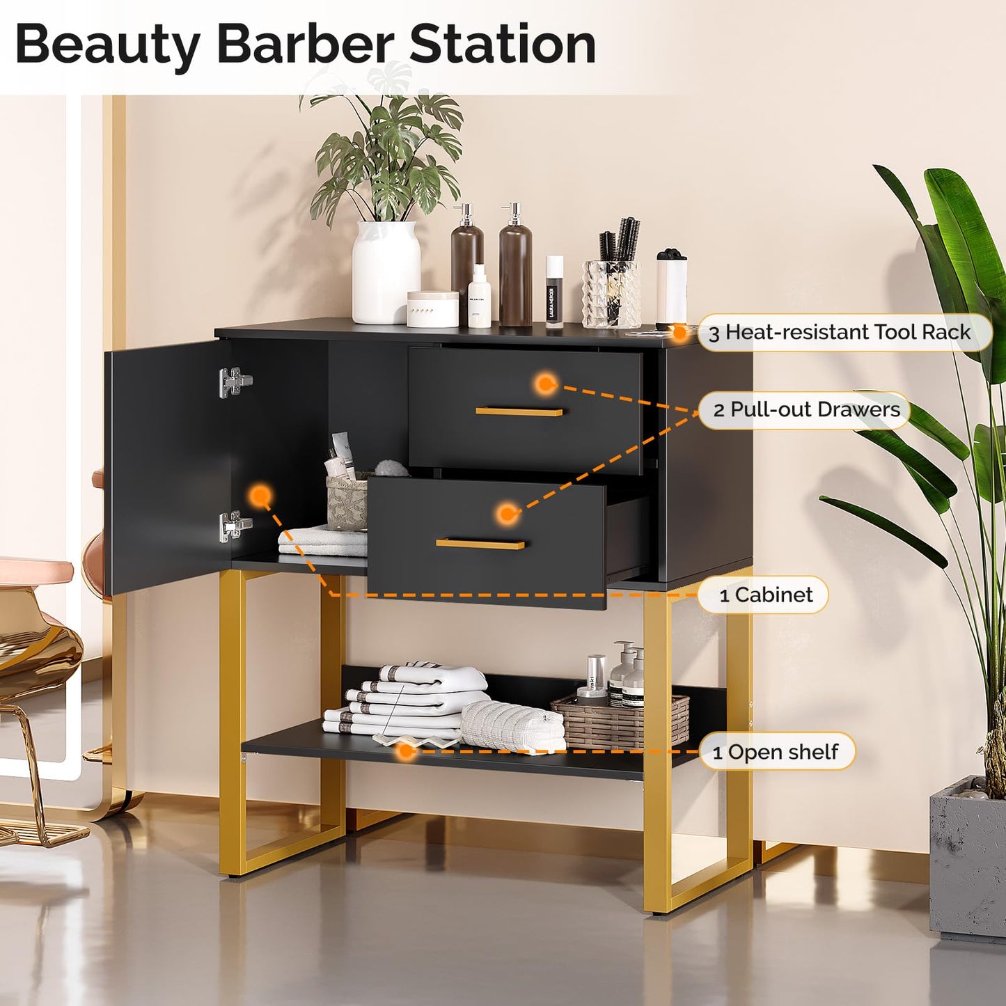 OmySalon Beauty Barber Station, Salon Stations for Hair Stylist, Salon Storage Cabinet with Drawers & Hair Dryer Holders, Styling Station for Spa Dresser, Black