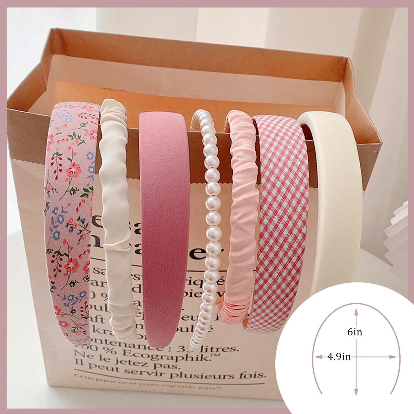 7Pcs Fashion Headband Set with Different Designs: Non-Slip Padded Headbands, Cute Pearl and Vintage Wide Styles for Women and Girls (Pink)