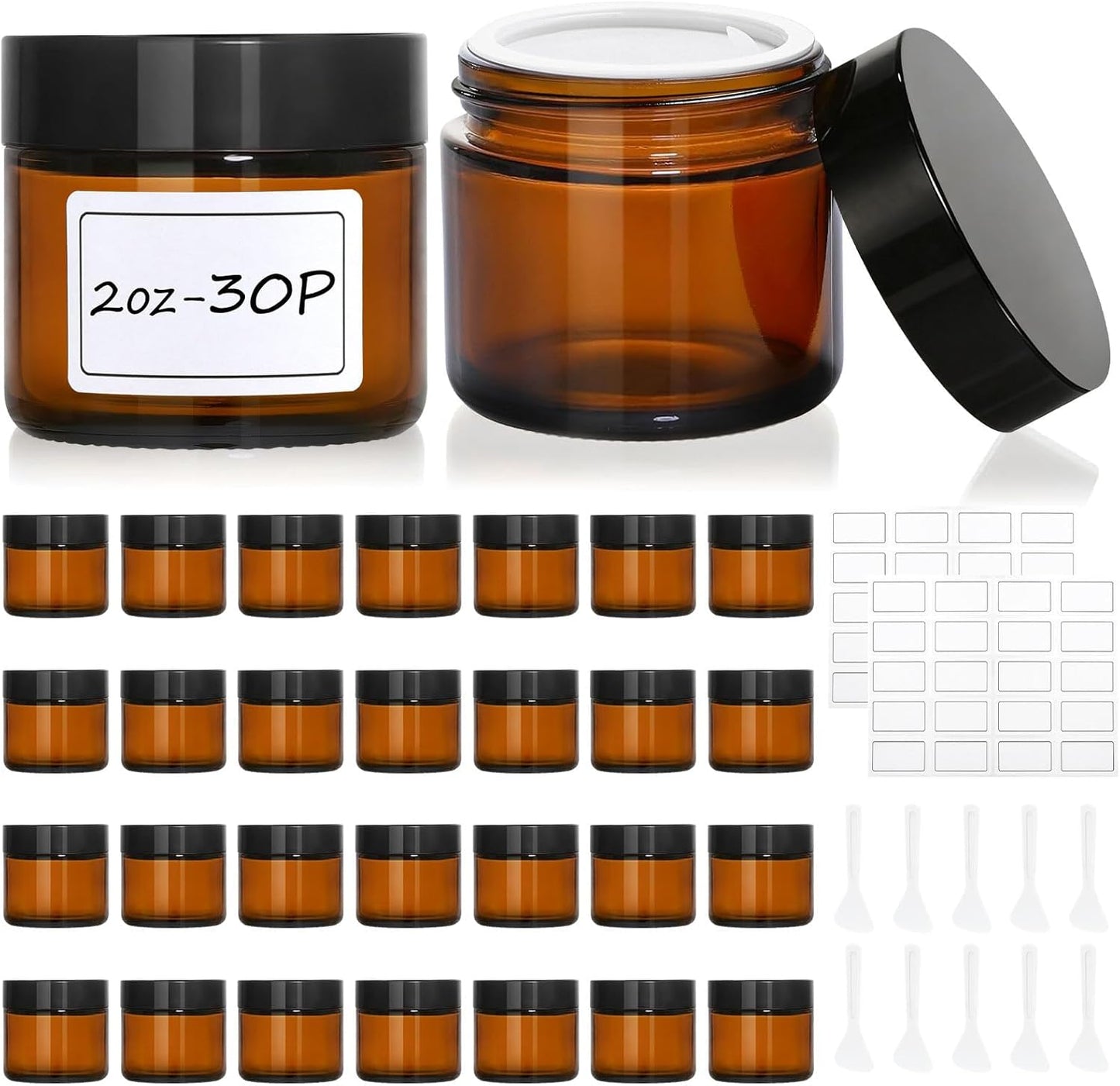 Amber Glass Jars - 30 Pcs 2 oz Leak-Proof Containers with Lids, Labels & Spatulas | Perfect for Essential Oils, Spices, DIY Projects