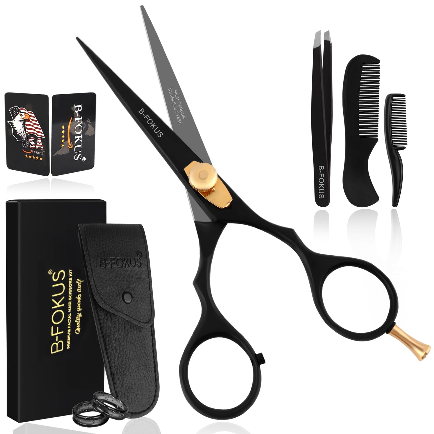 B-FOKUS Hair & Beard Trimming Scissors Kit – 5.5” High Carbon Stainless Steel Mustache & Hair Scissors for Men, Women & Kids Adjustable Tension Screw – Come with Tweezers, Combs & Travel Pouch