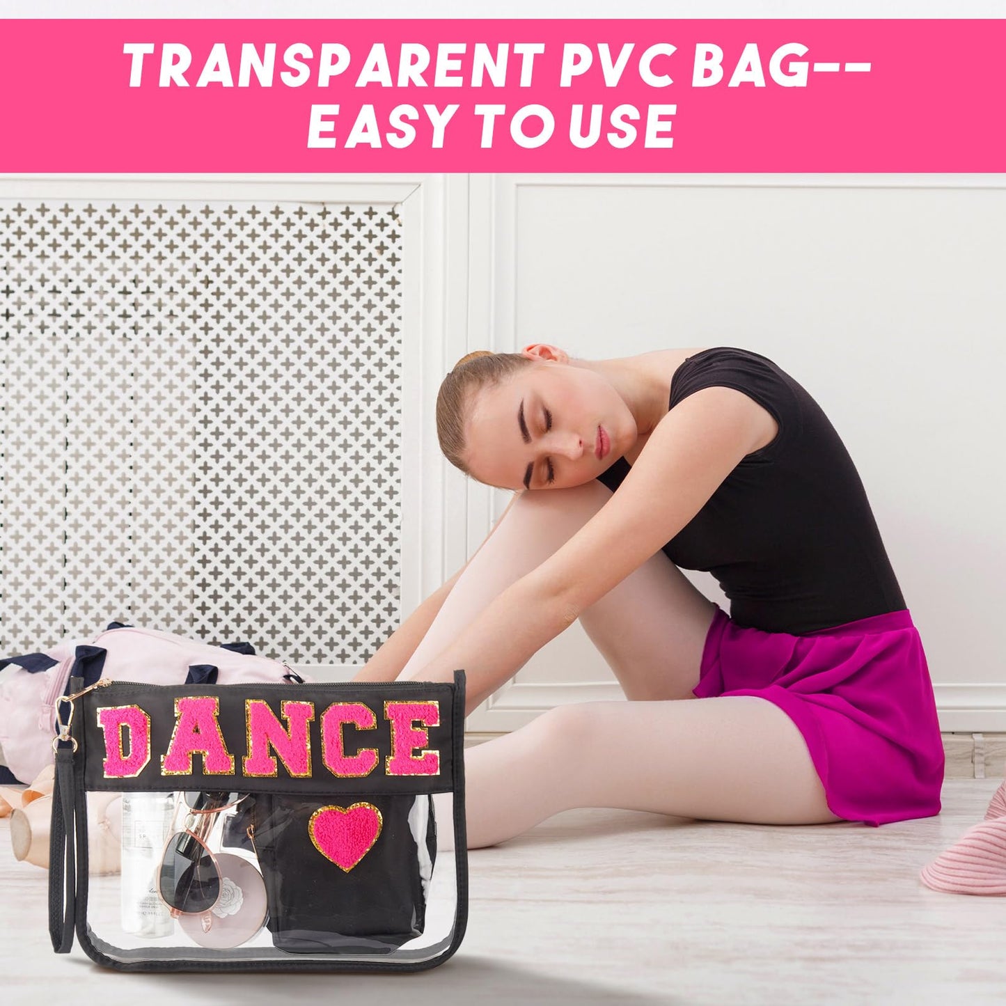 Hillban 2 Pcs Dance Recital Gifts Makeup Bags Chenille Letter Bags for Dance Team Gifts PVC Clear Cheer Case Toiletry Zipper Pouch for Women Ballet Competition Accessories Dancer Stuff