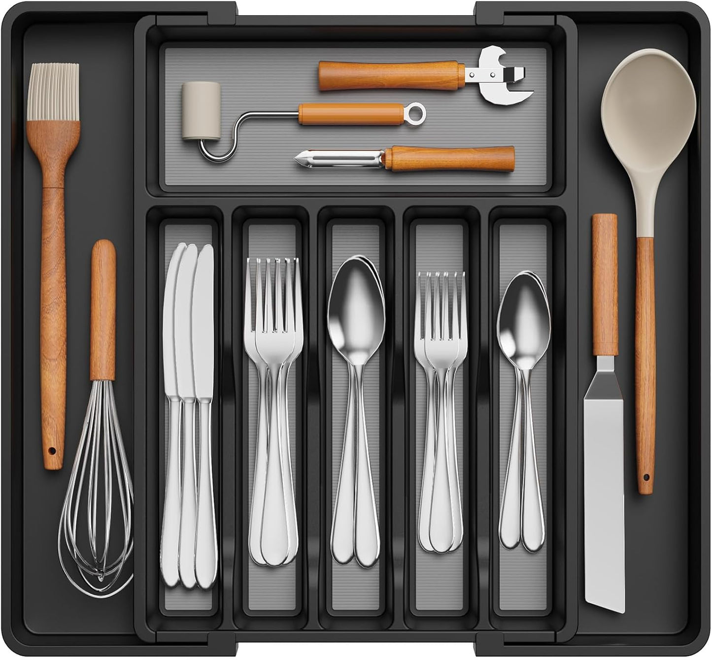 Expandable Silverware Organizer - BPA-Free Plastic Utensil Tray for Kitchen Drawer | Space-Saving Cutlery Holder, Black, 8.5-14 x 12 x 1.5 Inch