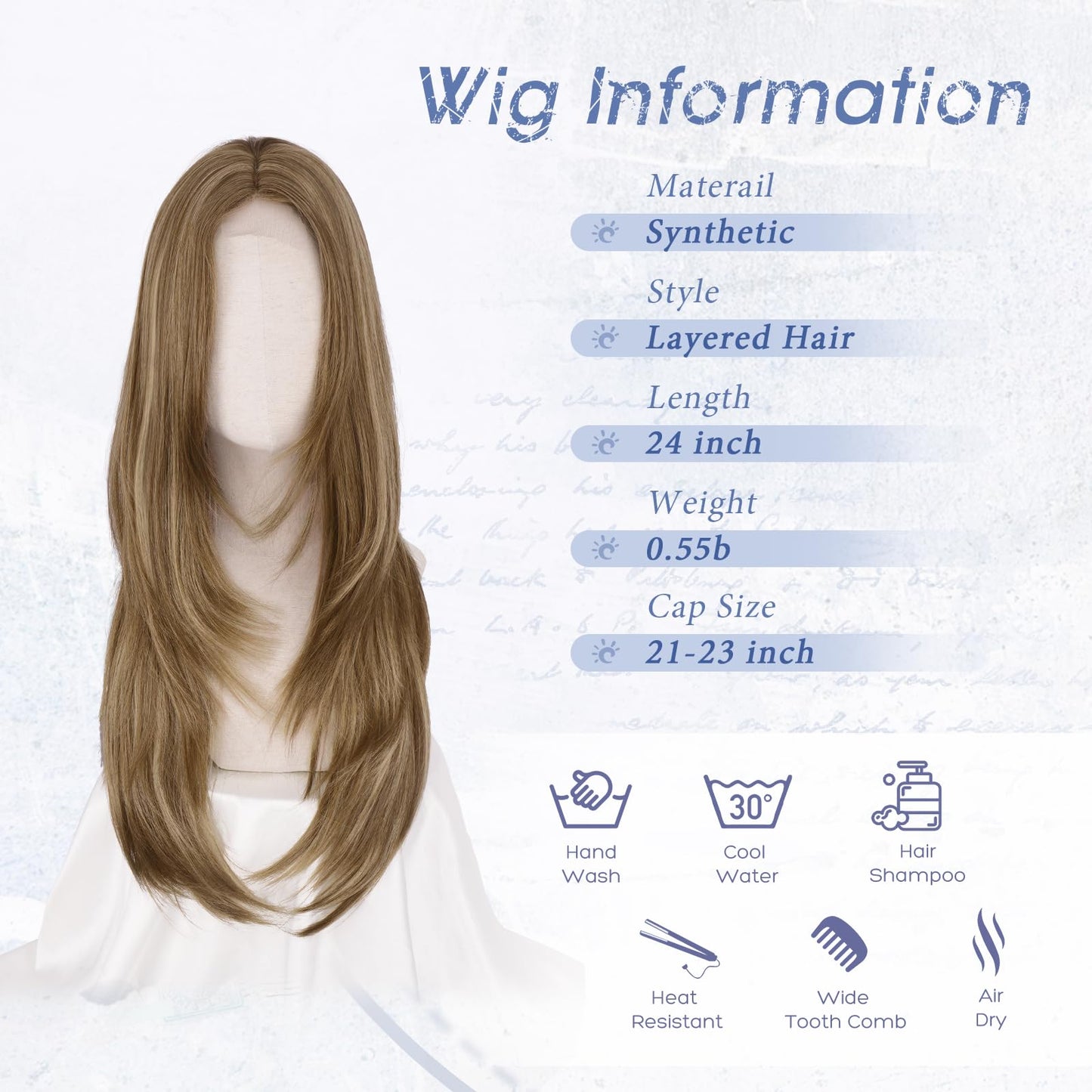 Haloo Brown Blonde Wig with Curtain Bangs - Lace Front Hairline Middle Part Long Layered Natural Looking Straight Synthetic Hair Wigs for Women Daily Party, 24 Inch Brown Mixed Blonde